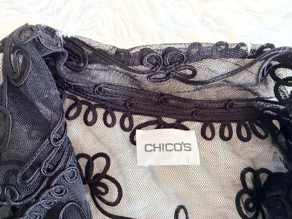 Chico's Black Sheer Mesh Embroidered Floral Open Front Blouse/Jacket - Picture 2 of 6